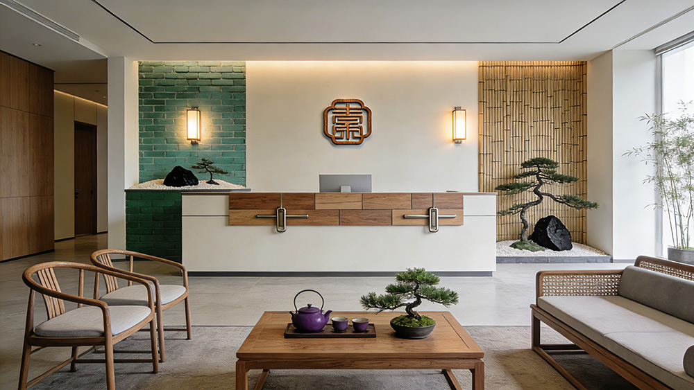 新中式禪意風(fēng)辦公室前臺(tái)